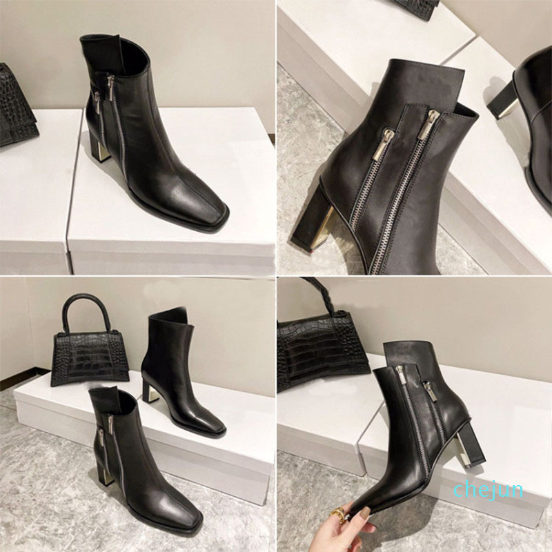 

Designer- women's short boots, unique square toe design, double zipper bootss, electroplating combination 6.5cm thick heel high heels