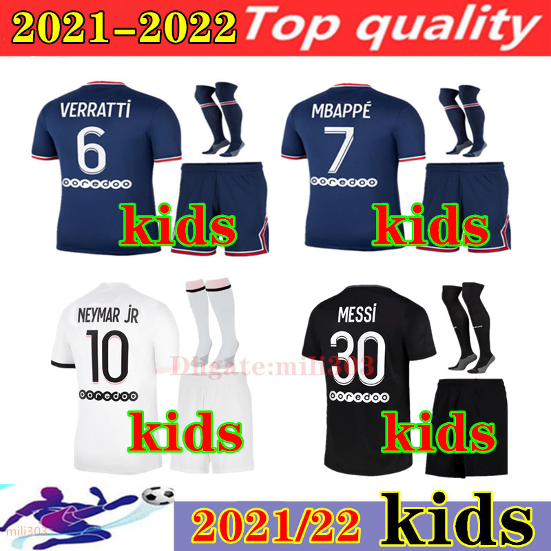 

2021 2022 Paris MESSI kids kit soccer jerseys sets 21 22 MBAPPE SERGIO RAMOS KEAN ICARDI VERRATTI Enfant Maillot de foot third 4th uniform boys football shirt kits, Away