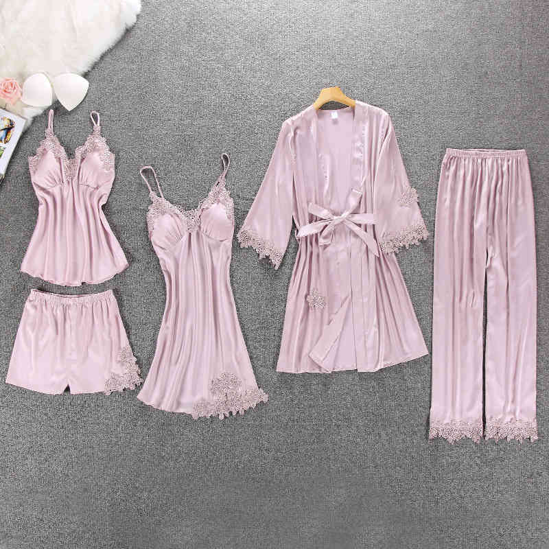 

Women's Sleepwear Lisacmvpnel 5 Pcs With Pad Sexy Lace Pajama Set Nightgown+Cardigan+Pant Pijama For Women 0A3E, Blue
