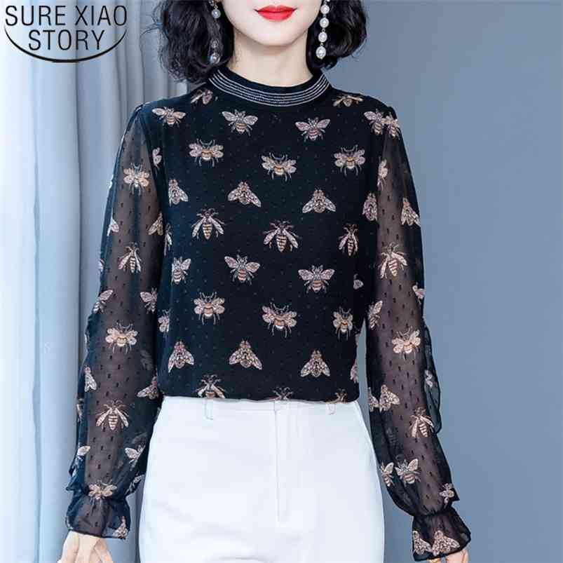 

Elegant Spring Bees Print Blouse Women Casaul Plus Size Office Lady Clothes Long Sleeve Vintage Chiffon Tops Blusas 9030 50 210506, Red