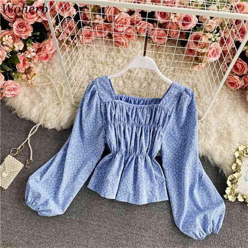 

Elegant Floral Print Chiffon Blouse Women Vintage Cute Lantern Sleeve Pleated Shirt Casual All Match Cropped Blusas 210519, Sky blue