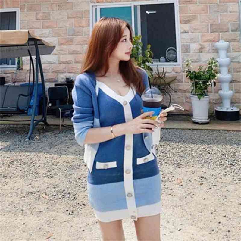 

Knitted Pullovers Women Runway Spring Autumn Sweater Tops Ladies Outwear High Street Stripes Dress 2 piece set mujer 210603, Picture color