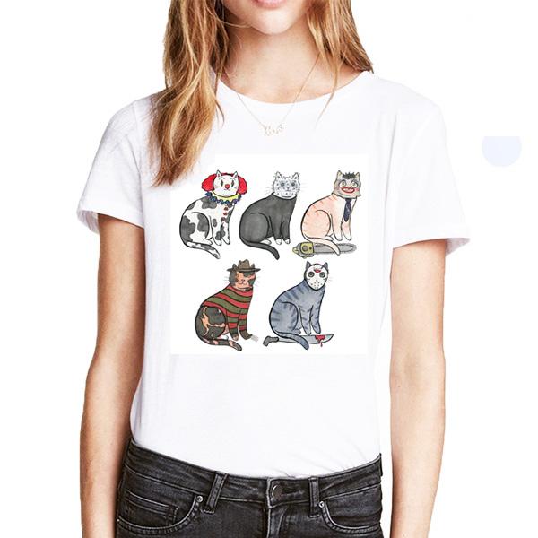 

Women's T-Shirt Horror Movie Scary Halloween Funny Cat Pennywise Michael Myers Jason Voorhees Women Shirt, White