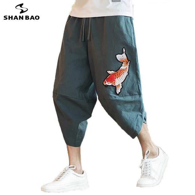 

Brand loose cropped pants Japanese and Korean style summer fashion squid embroidery men's large size harem pants 210709, Gray