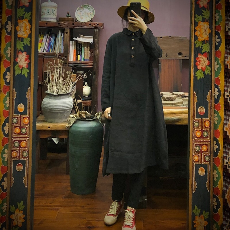 

Johnature Vintage Dress Women Clothes Autumn Loose Button Turn-down Collar Solid Color Full Sleeve Women Dresses 210521, Rhodo