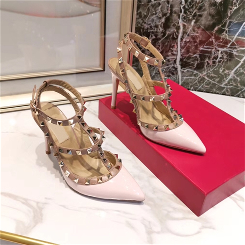 

Sandals Women's leather nail sandals T-shaped summer high heel rivet shoes ladies sexy party 9.5cm 10color with box 7FF3, Red