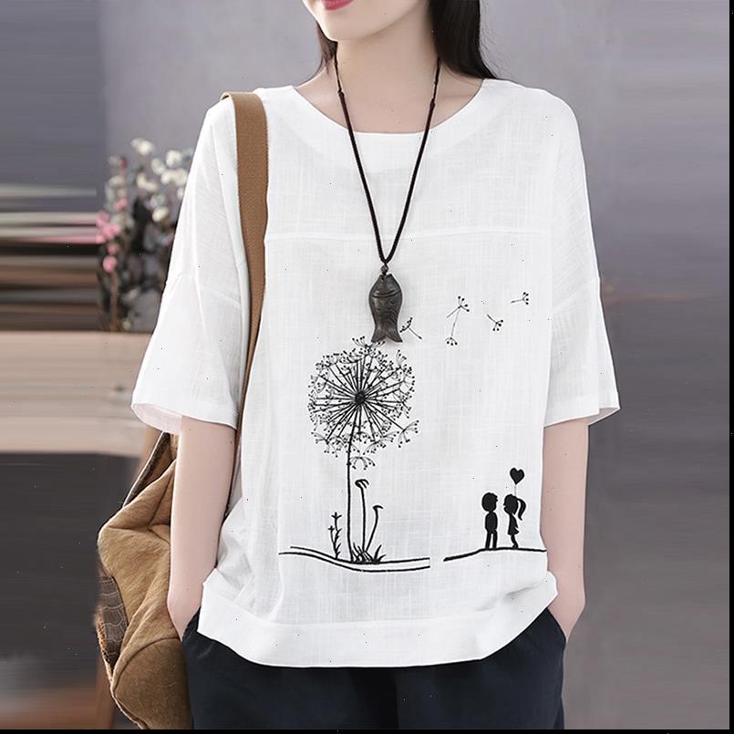

women blouses blouse casual o neck loose tunic autumn fashion cartoon printed 3 4 sleeve cotton shirt female blusas, White