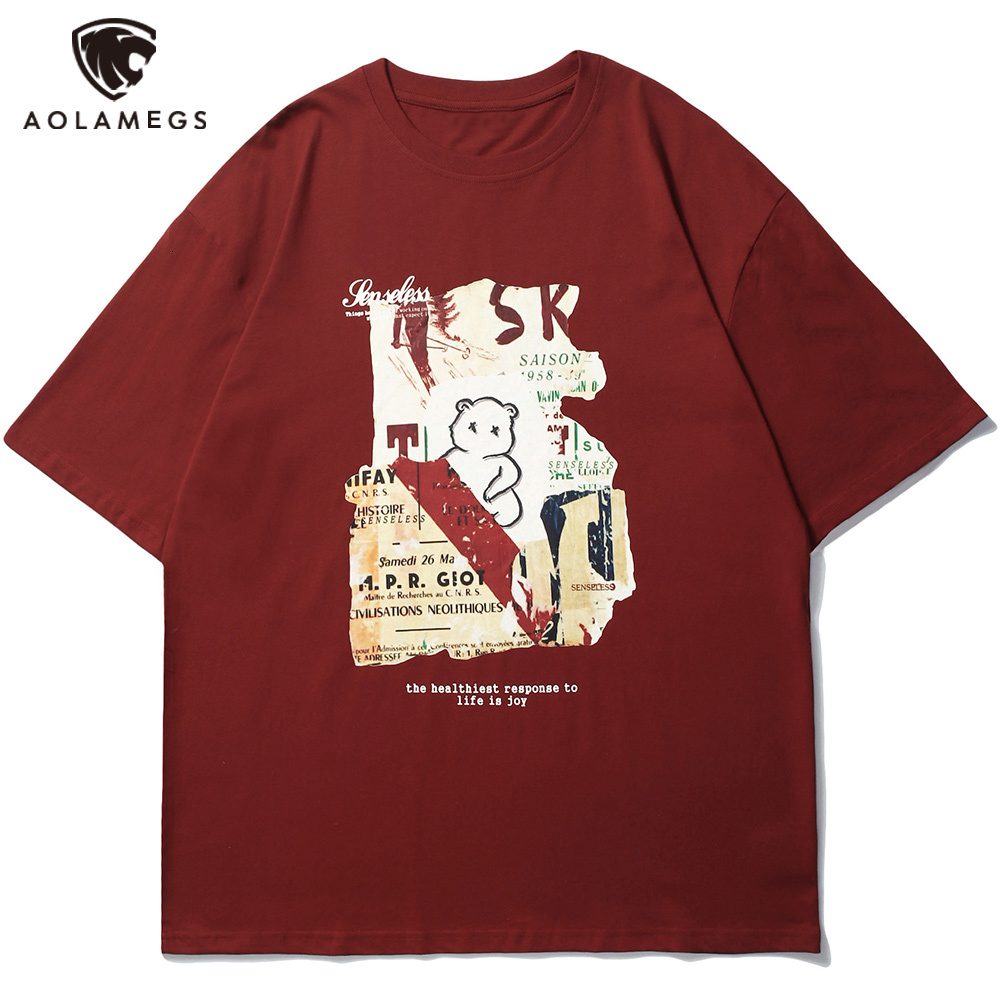 

Men's Polos Aolamegs torn men's t-shirt bear printed letter male baggy cozy the-neck high fashion streetwear street tops, Black