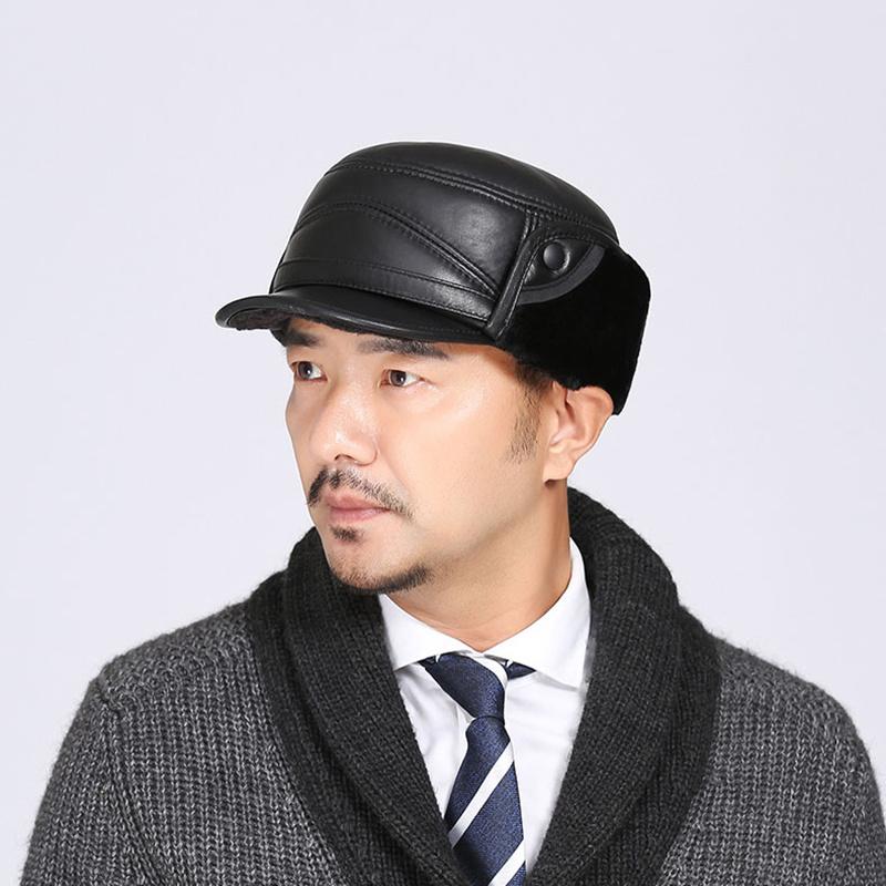 

Berets Winter Fashion Bomber Hats Natural Genuine Leather Caps For Men Women Fur Warm Earmuff Hat Anti-cold Brands Cowhide Cap, Brown