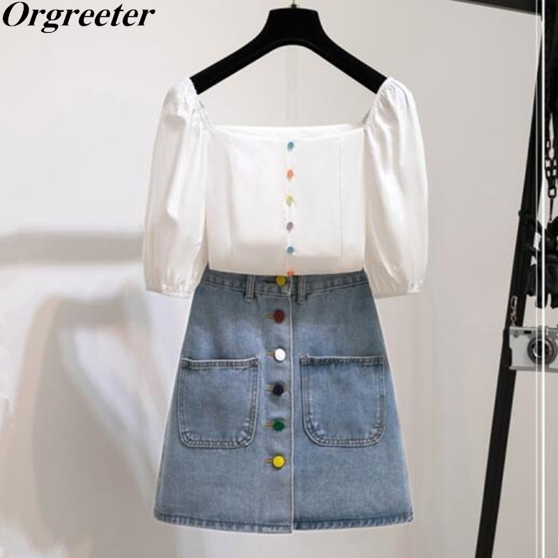 

Summer Sweet Square collar Rainbow Button Shirt and High waist Denim Skirts Two piece Sets 210525, Only white shirt