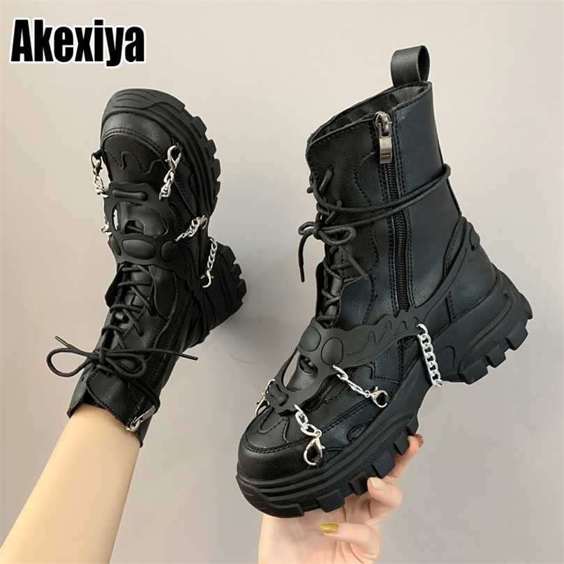 

Leather Womens Ladies Ankle Boots Mid Heel Lace Up Worker Army Black Goth Shoes Autumn Sexy Chain High Quality P416 211105