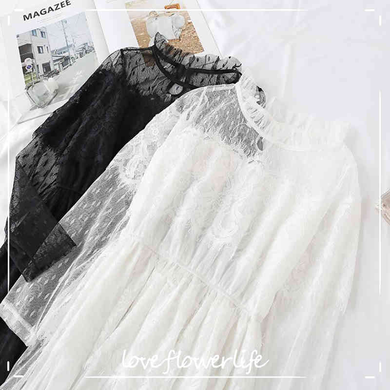 

Black White Lace Dress Party Women Elegant Cake Lotus Leaf Collar Midi Fairy Mesh Dresses Elastic Waist Spring Summer Vestidos 210521