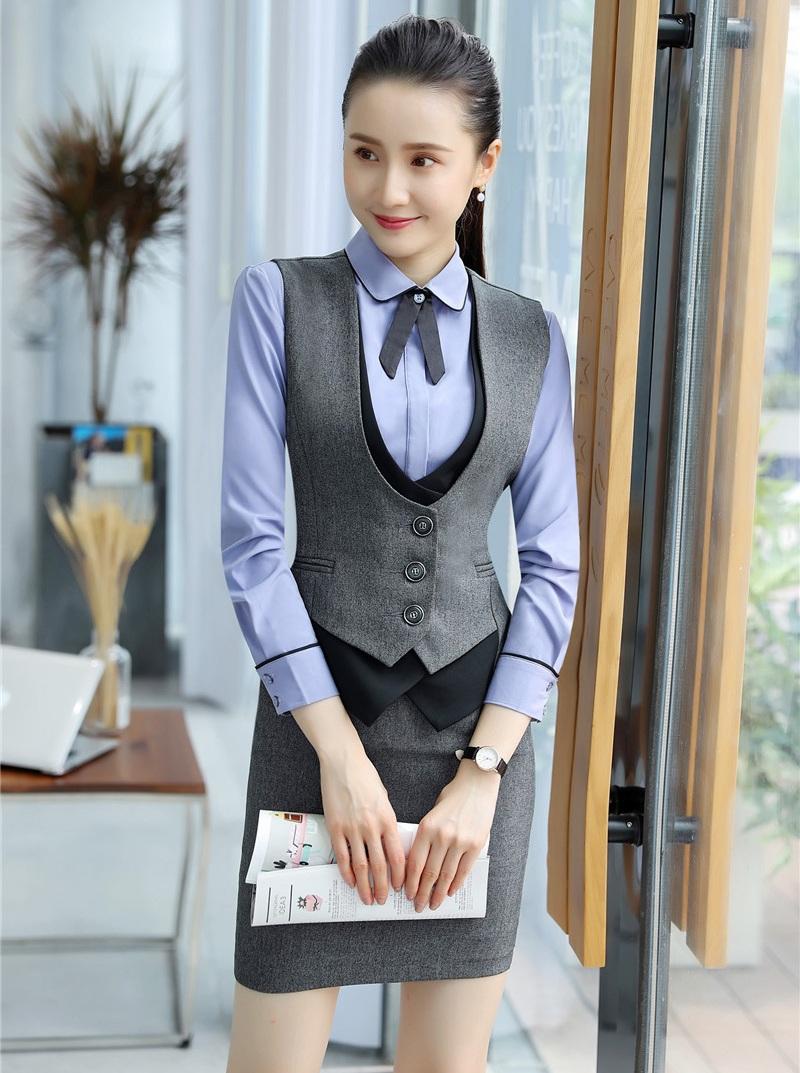 

Women' Suits & Blazers Formal Grey Waistcoat Women Business With Two Piece Skirt And Top Sets Ladies Work Wear Vests OL Style, As pic