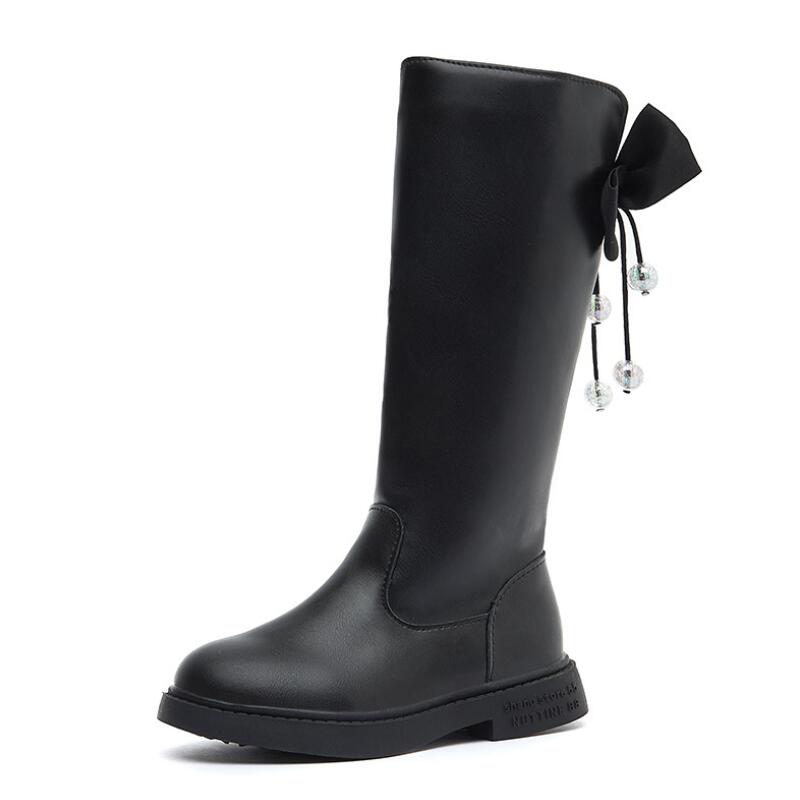 

Girls Boots Children Sneakers New Winter Leather Warm Fashion Kids Bow High Flats Child Soft Tube Plus Snow Shoes Size 27-37, Black;grey