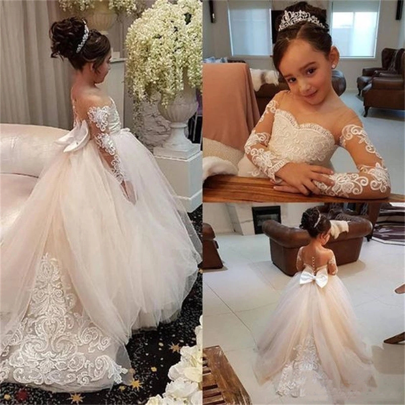 

Lace Tulle Flower Girl Dress Bows Back Girls First Communion Gowns Princess Ball Gown Wedding Party Dress FS9780, Fs9780-ivory