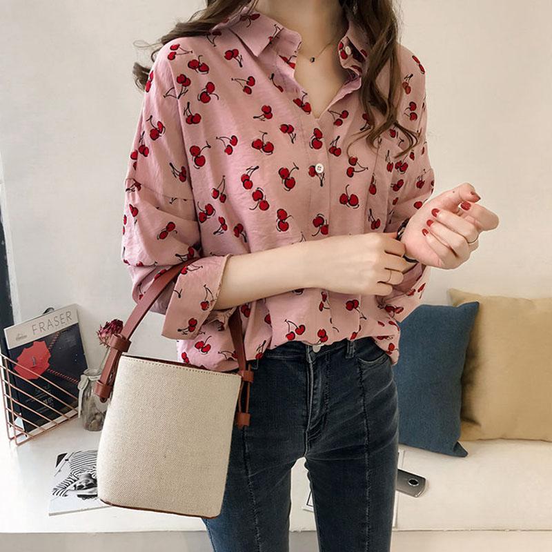 

Women's Blouses & Shirts Loose Style Women Casual Blouse Shirt Cotton Cherry Print Long Sleeve Female White Printed Plus Size Clothes DD2321, Pink