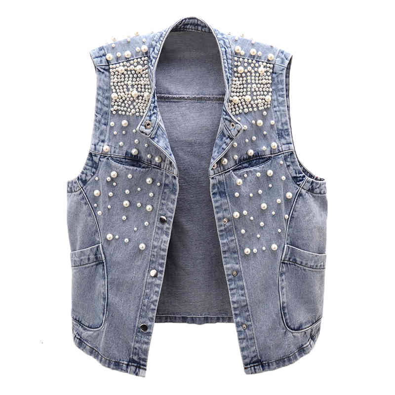

Women' Vests 2021 Spring Autumn Beaded Denim Vest Women Korean Loose Single-Breasted Vintage Jeans Waistcoat Sleeveless Jacket La, Light blue