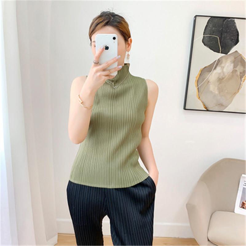 

Miyake Pleated Sleeveless T-shirt Women's Summer Loose Elastic High Neck Vest Bottoming Shirt Tops Women