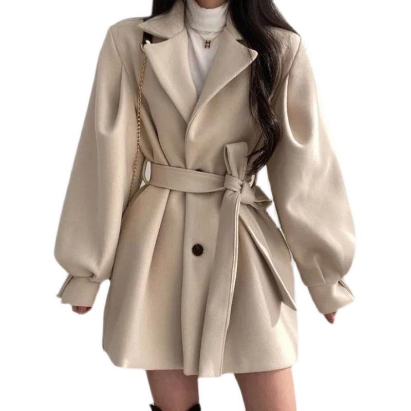 

Women's Wool & Blends 2021 Women Autumn Winter Woolen Coat Retro Two-button Straps Slim Coats Lady Elegant Lantern Sleeve Female F102, Beige