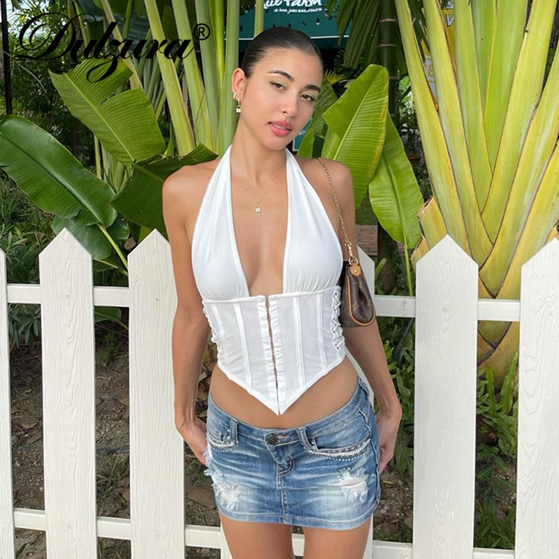 

2021 summer women halter corset crop lace up patchwork backless party elegant streetwear solid irregular tankshigh quality, Black;gray