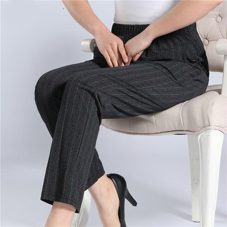 

Women's Pants & Capris Fashion 2021 High Waist Straight Middle Aged Women Casual Elegant Pockets Female Striped Trousers Plus Size 4XL1, Black;white