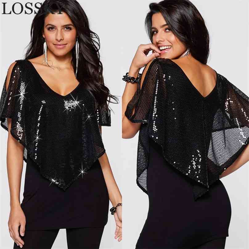 

Summer Sequin Blouse Women Casaul V Neck Off Shoulder Shawl Ruffles Sparkle Glitter Ladies Tops Shirt Camisetas Ropa Mujer 210719, Gray