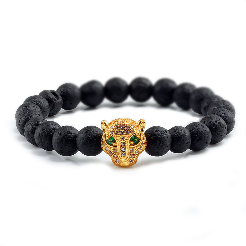 

Gold Leopard Head Chakra Bracelet Men Black Lava Healing Balance Beads Bracelets Reiki Buddha Prayer Jewelry For Women