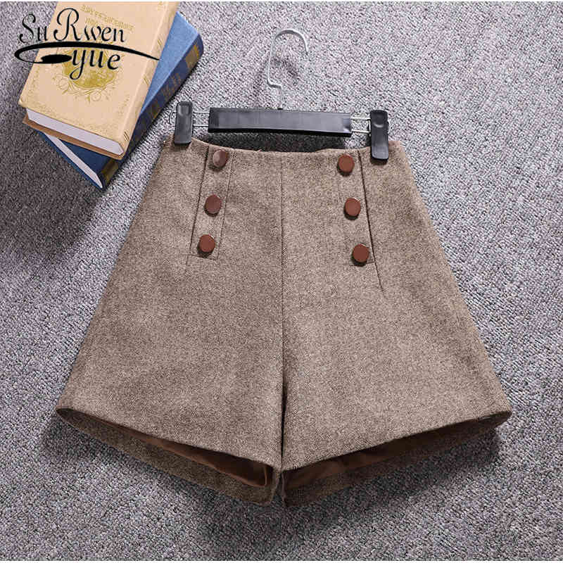 

Winter Loose Wide Leg Shorts Korean Woolen Women Feminino Autumn A Line Zipper Pocket Buttons Short Femme 7435 50 210521, Apricot