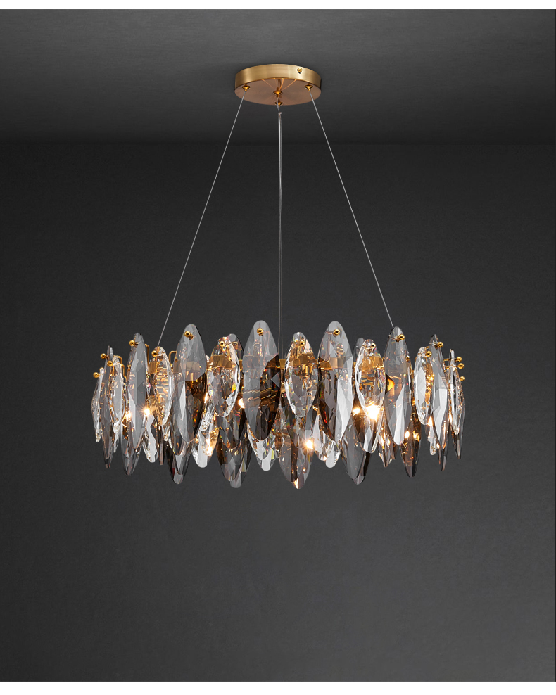 

Art Deco Round LED Postmodern Crystal Leaves Silver Gold Chandelier Hanging Lamp Lustre Chandelier Lighting For Foyer