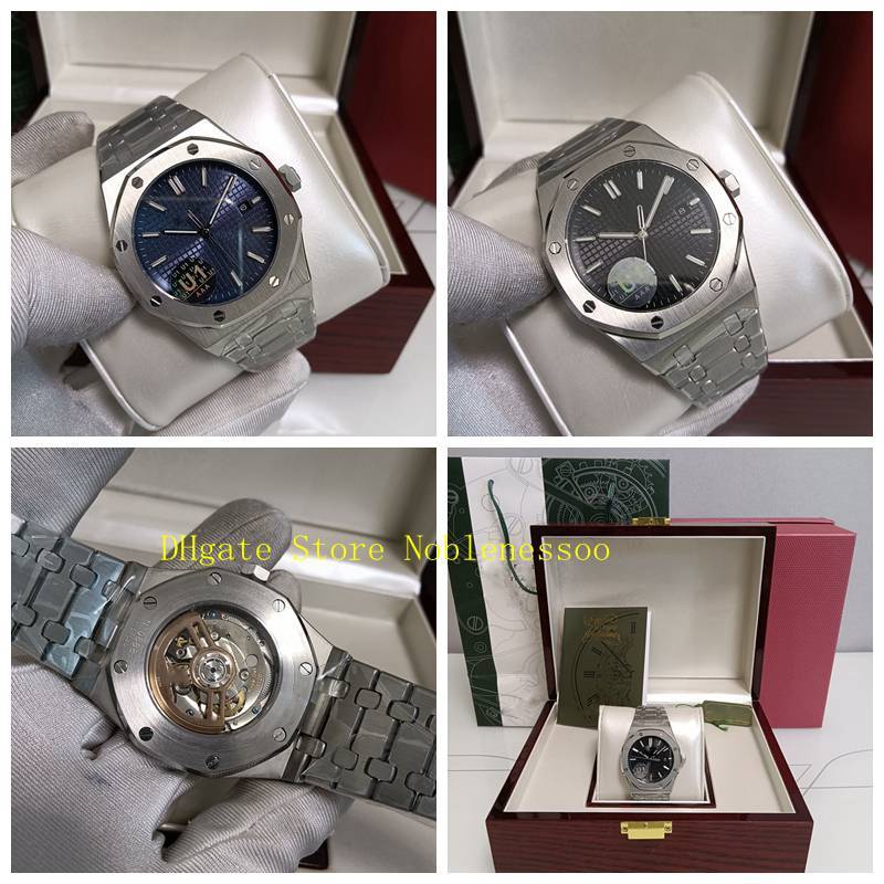 

2 Color Original Box 15500ST Watch Mens Black Blue Dial Sapphire Glass Steel Bracelet Transparent Back U1 Factory CAL.3120 Movement, 02