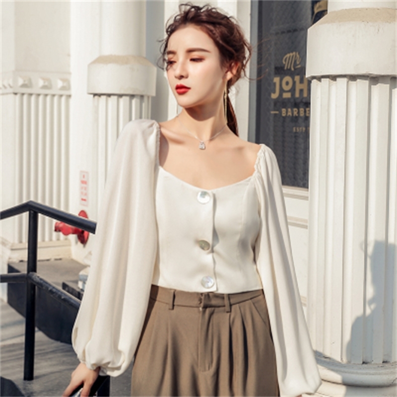 

LY VAREY LIN Spring Autumn Women Vintage Elegant Puff Long Sleeve Shirt Button Square Collar Solid Loose Lady Crop Tops 210526, Black