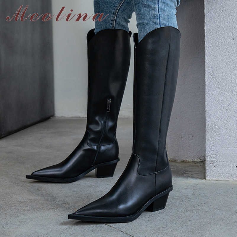 

Meotina Winter Knee High Boots Women Natural Genuine Leather Thick High Heel Western Boots Zip Pointed Toe Shoes Lady Autumn 39 210608, Black synthetic lini