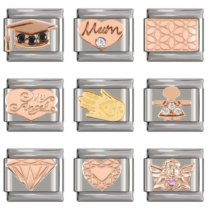 

Charms Fyour 2021 Original Daisy Rose Girl Mum Heart Hands Italian Charm Link Fit 9mm Bracelet Stainless Steel Jewelry Making DJ116, Bronze;silver