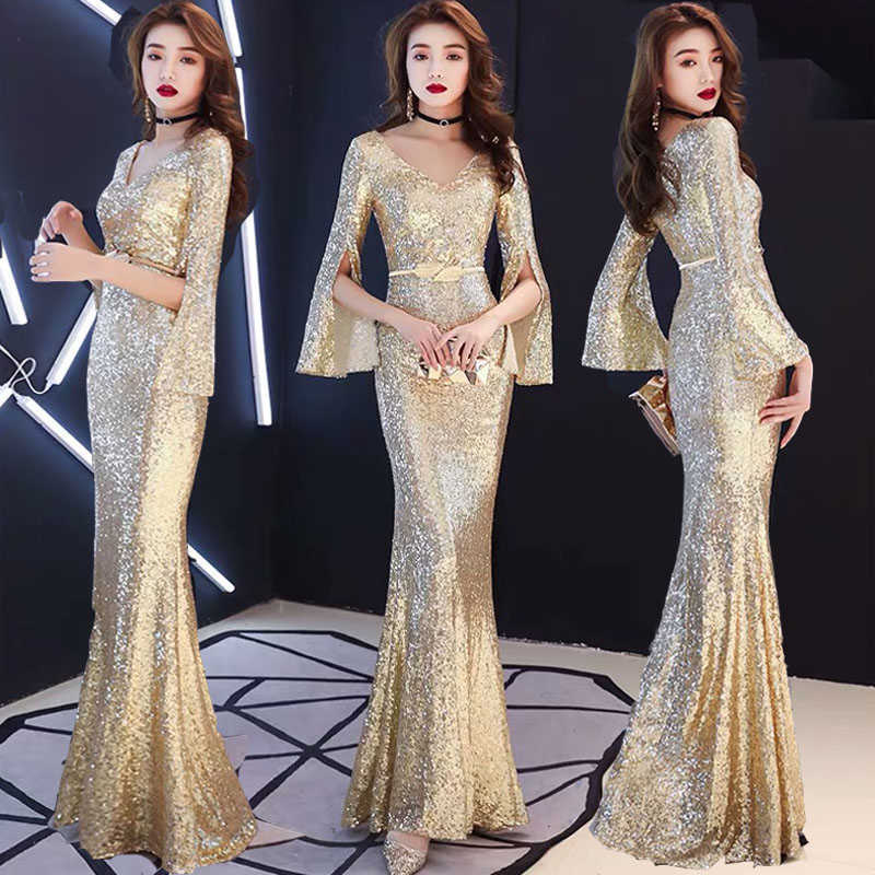 

Gold female fishtail dress Office Lady Polyester Three Quarter Zippers Floor-Length V-Neck 210603