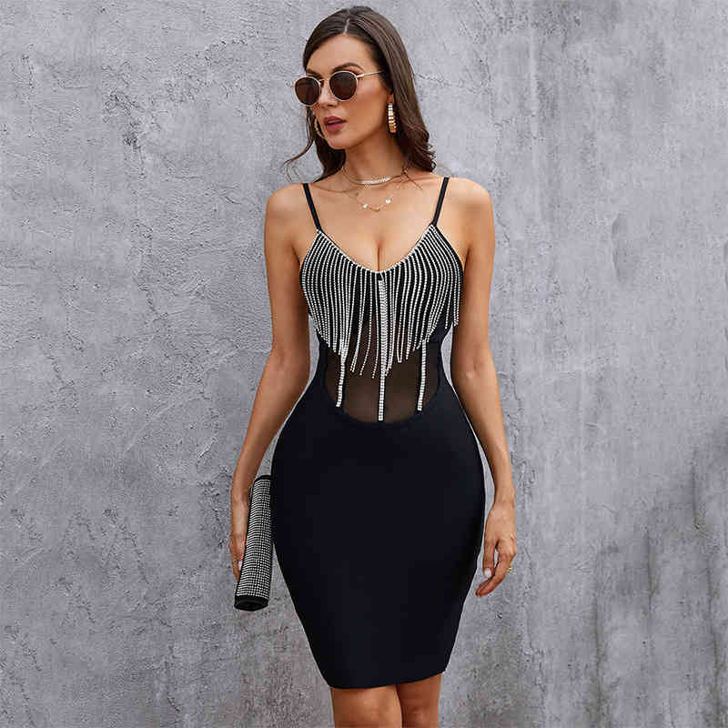 

Casual Dresses Diamond studded tassel suspender dress winter women' host dinner fishbone skirt YS0E, Black