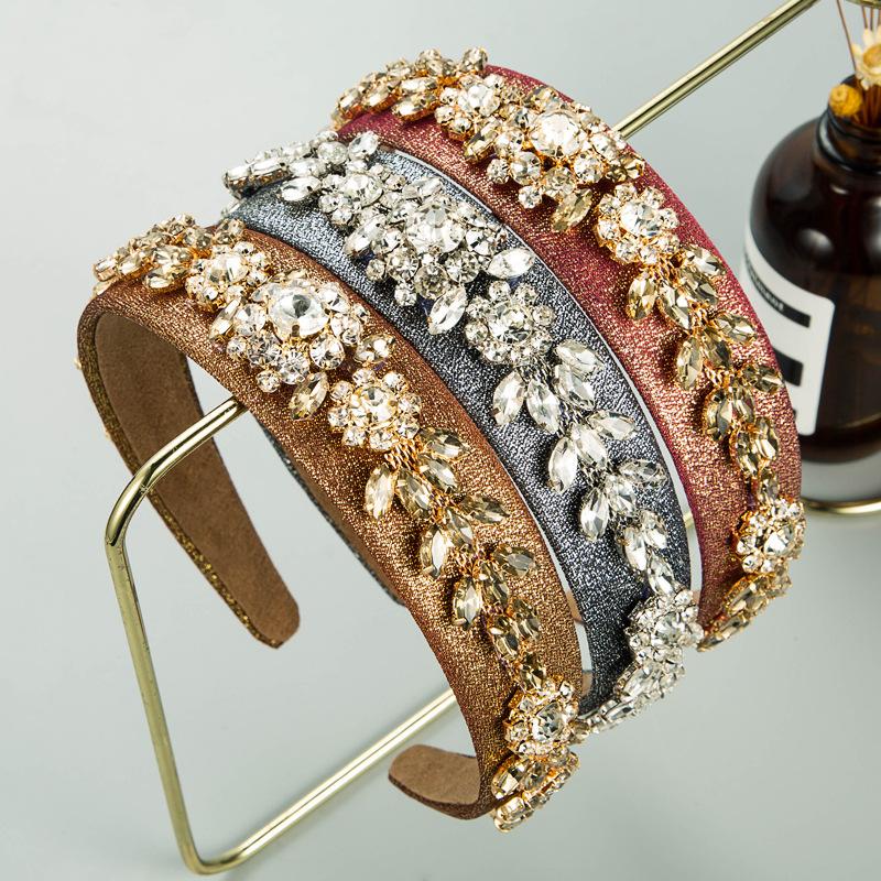 

Hair Accessories Luxury Fabric Bronzing Super Flash Rhinestone Chain Headbands Fashion Women Baroque Flower Hairband Hoop