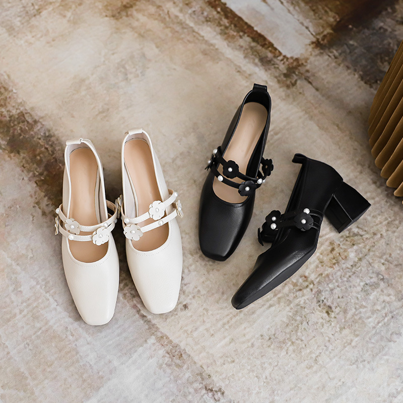 

Dress Shoes leisure soft fashion single shoes shallow mouth granny women thick heel Korean leather 616-9 0QMJ, 1# shoe box