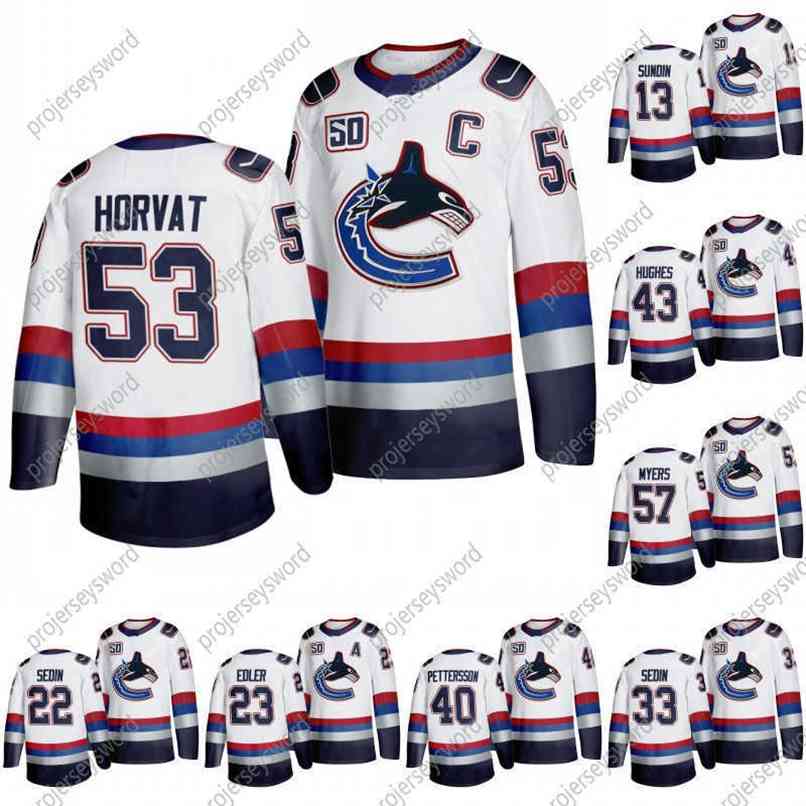 

Kob Vancouver Canucks 50th Anniversary White Jersey Bo Horvat Brock Boeser Alexander Edler Elias Pettersson Quinn Hughes Ice Hockey Jerseys, Black