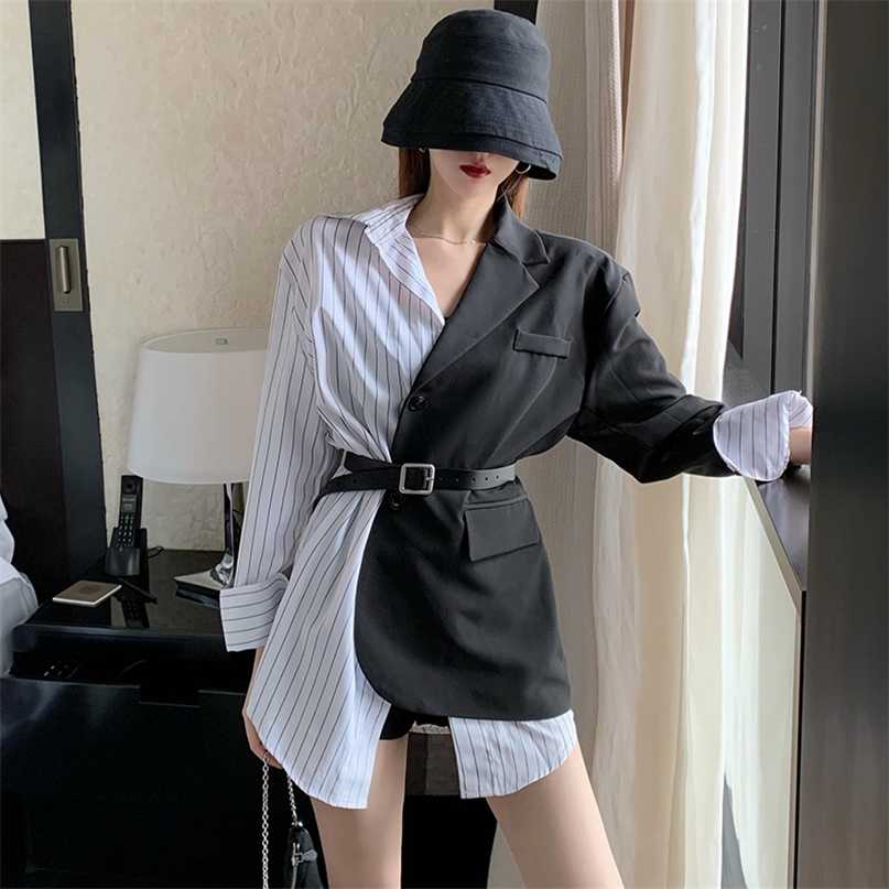 

[EWQ] Striped Stitching Black Blazer Long-sleeved Coats Ladies Suit Large Size Trend Coat Feminino Autumn 16W489 211019, Suit belt