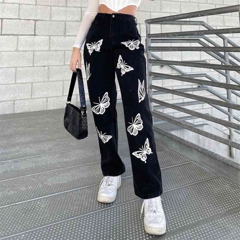 

Butterfly Black Denim Y2K Pants Women Jeans For Girls Female Fashion Vintage Long High Waisted Trouser Harajuku 210518, Black jeans