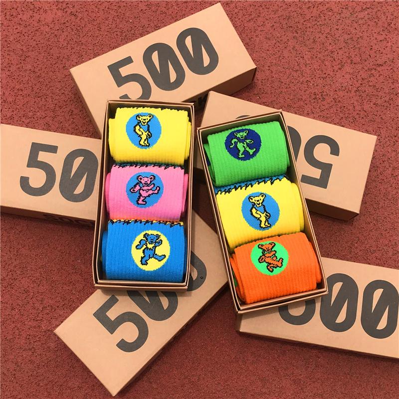 

Men's Socks Dance Bear Men And Women Fashion Personality Colorful Match Tidal Youth 3 Pairs/Box Gift Pack, Blue orange yellow