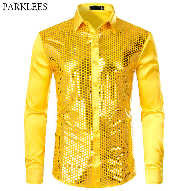 

Smooth Silk Men Shirt Shiny Plaid Sequin Gold s Fashion Glitter Dress s Prom Long Sleeve 210524, White