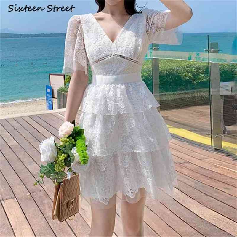 

White Lace Dress Woman Summer V-neck Beach Embroidered Rose Vestido es High Waist Hollow Mini Female Clothing 210603, Maroon