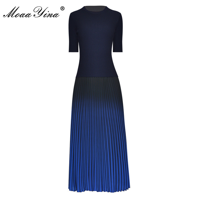 

Fashion Designer Set Spring Women Short Sleeve Knitting Sweaters Tops+Pleated Skirt Elegant Two-piece sets 210524, Navy blue