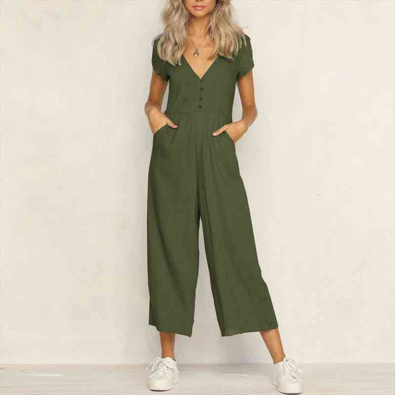 

Rompers Summer Women Casual Loose Linen Cotton Jumpsuit Short Sleeve V Neck Playsuit Trousers Overalls jj, Black;white