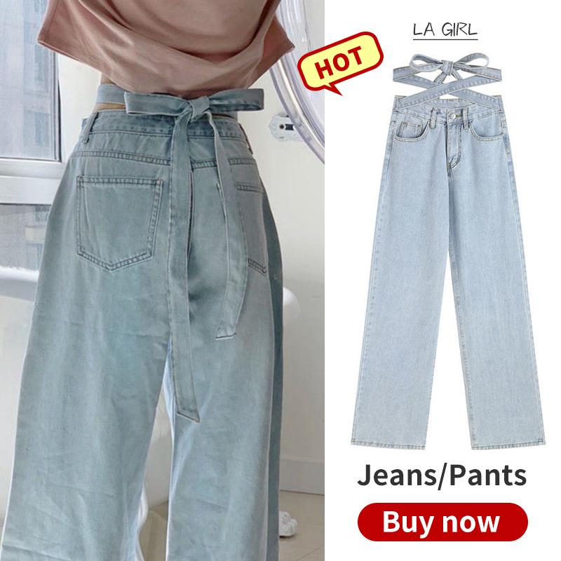 

Women's Jeans Bow Tie Woman High Waist Sexy Streetwear Pants Street Wear Bottoms Harajuku Wide Kawaii Large Size Trousers, Blue