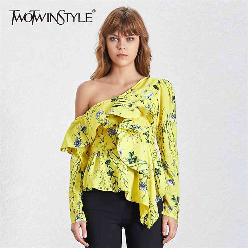 

Vintage Print Spring Shirt For Women Skew Collar Long Sleeve Patchwork Ruffle Slim Blouse Female Fashion 210524, Yellow