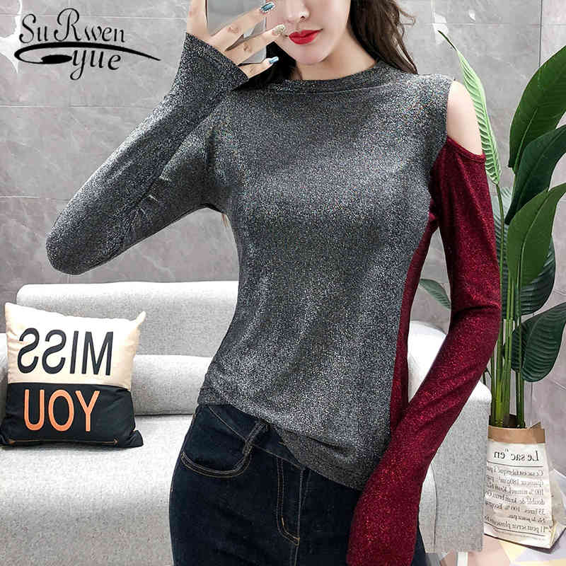 

Casual One Shoulder Top Blusas Mujer De Moda Women Tops and Blouse Solid Stitching O-neck Clothes 6242 50 210521, Burgundy