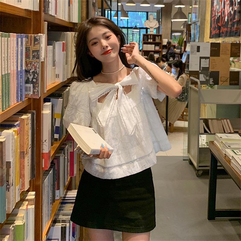 

Women' Blouses & Shirts Korean Chic Preppy Style Girly Women Blouse Shirt Vintage Square Collar Bow Sleeve Loose Temperament Whi, White