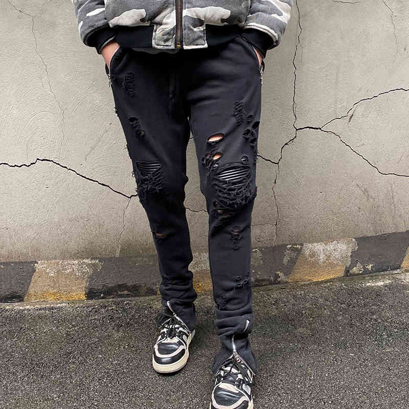 

AMIR American street pants men's high street leather zipper pants leg washing destroys slim casual knitted pants, Black